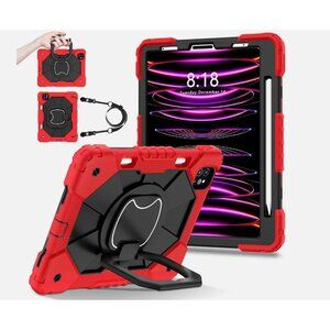 Shockproof Case For iPad Pro 11 Inch 2024 Red & Black With Screen Protector & St
